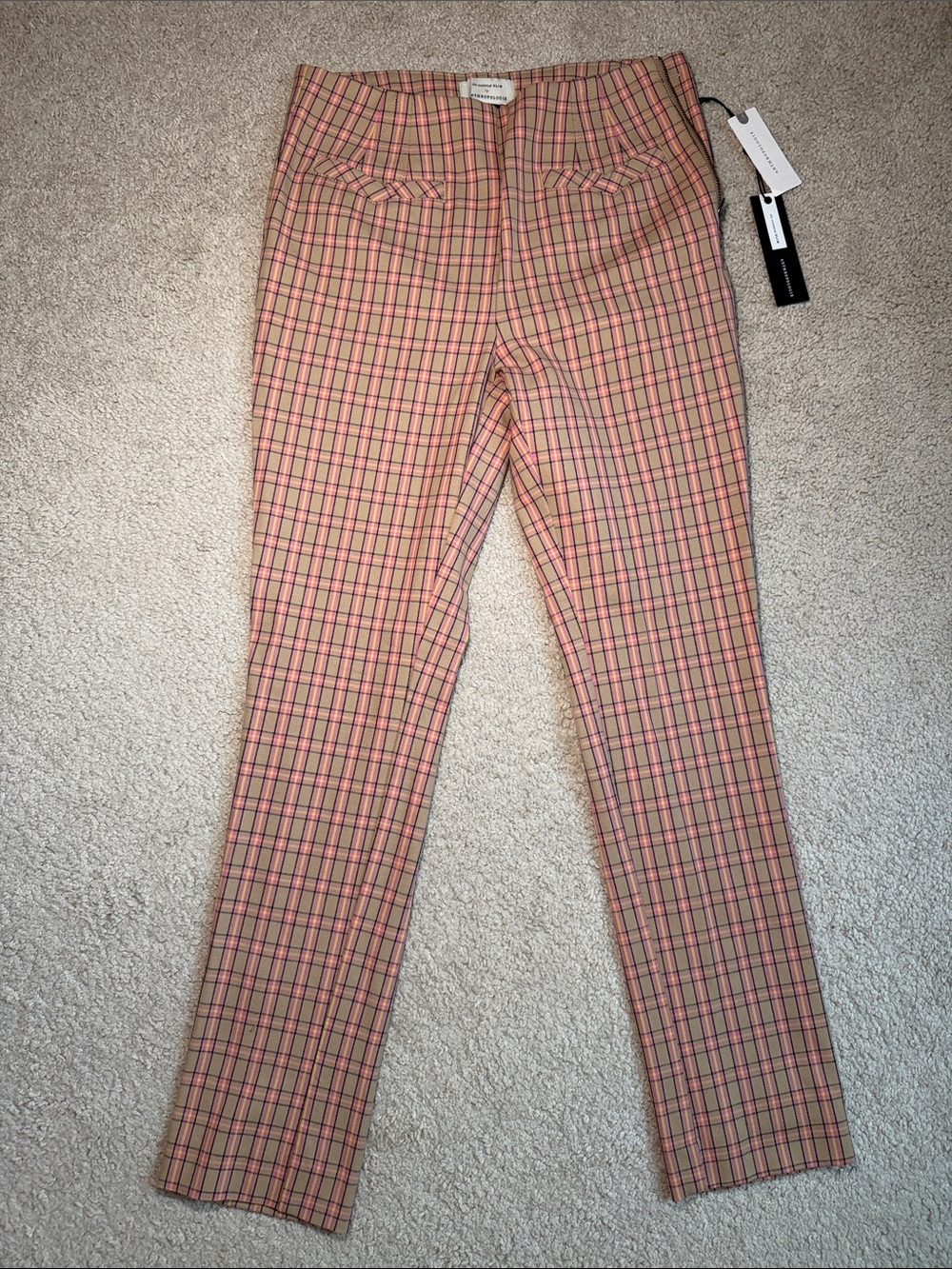Anthropologie Essential Slim Pink and Tan Plaid Straight-Leg Pants